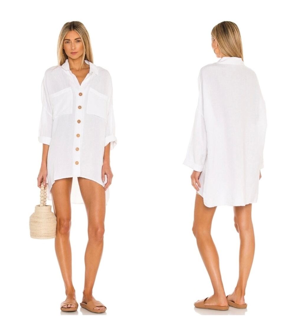 Show Me Your Mumu Oversized Johns Button Down Shirt White Linen Beach Size XS
